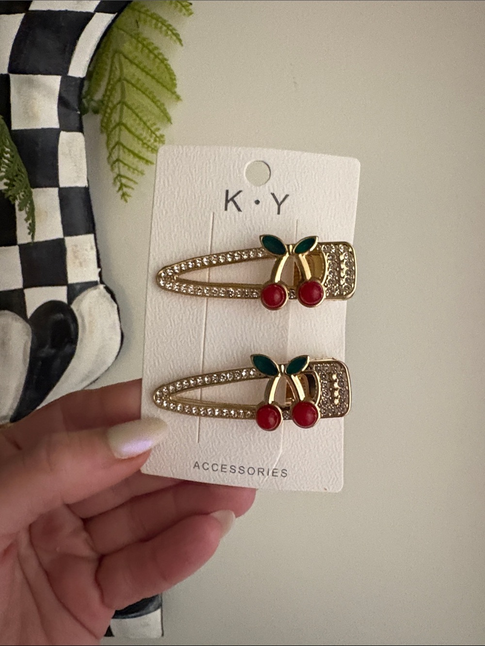 Gold Cherry Rhinestone Hair Clips - Green & Red